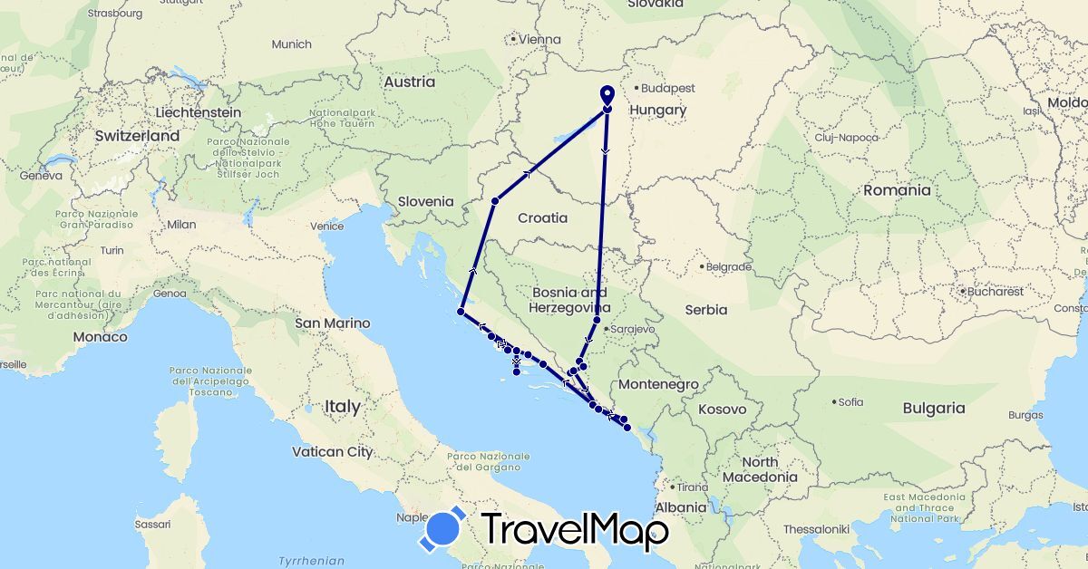 TravelMap itinerary: driving in Bosnia and Herzegovina, Croatia, Hungary, Montenegro (Europe)