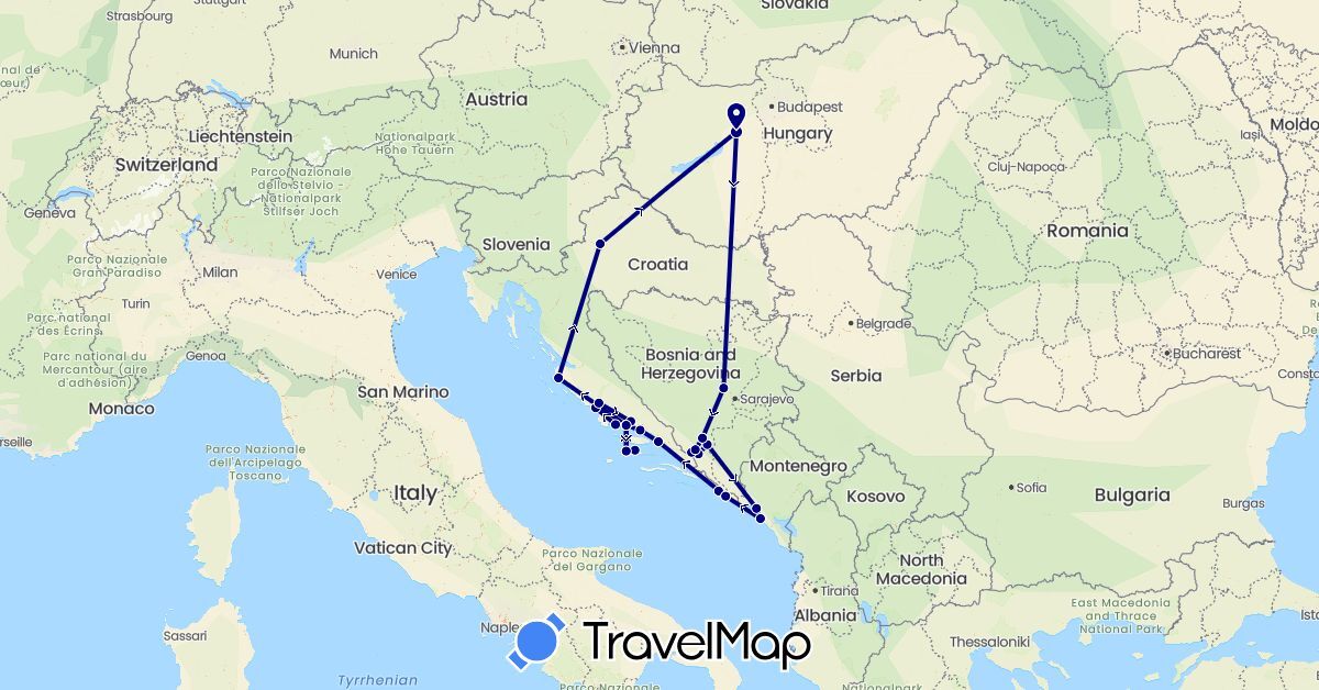 TravelMap itinerary: driving in Bosnia and Herzegovina, Croatia, Hungary, Montenegro (Europe)