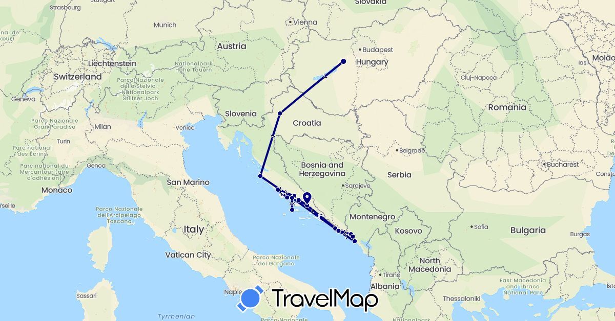 TravelMap itinerary: driving in Croatia, Hungary, Montenegro (Europe)